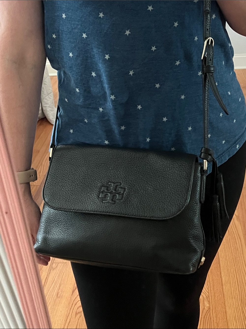 Tory Burch Thea Flap Crossbody Bag in Black with tassel - Picture 4 of 16